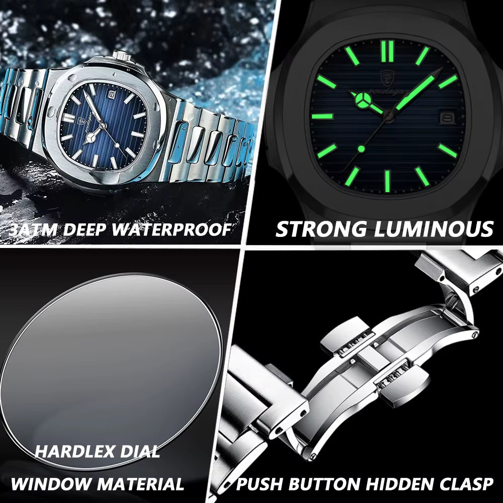 Square Luxury Men Wristwatch Waterproof Luminous Date Stainless Steel Male Clock Business Sports Quartz Watches for Men