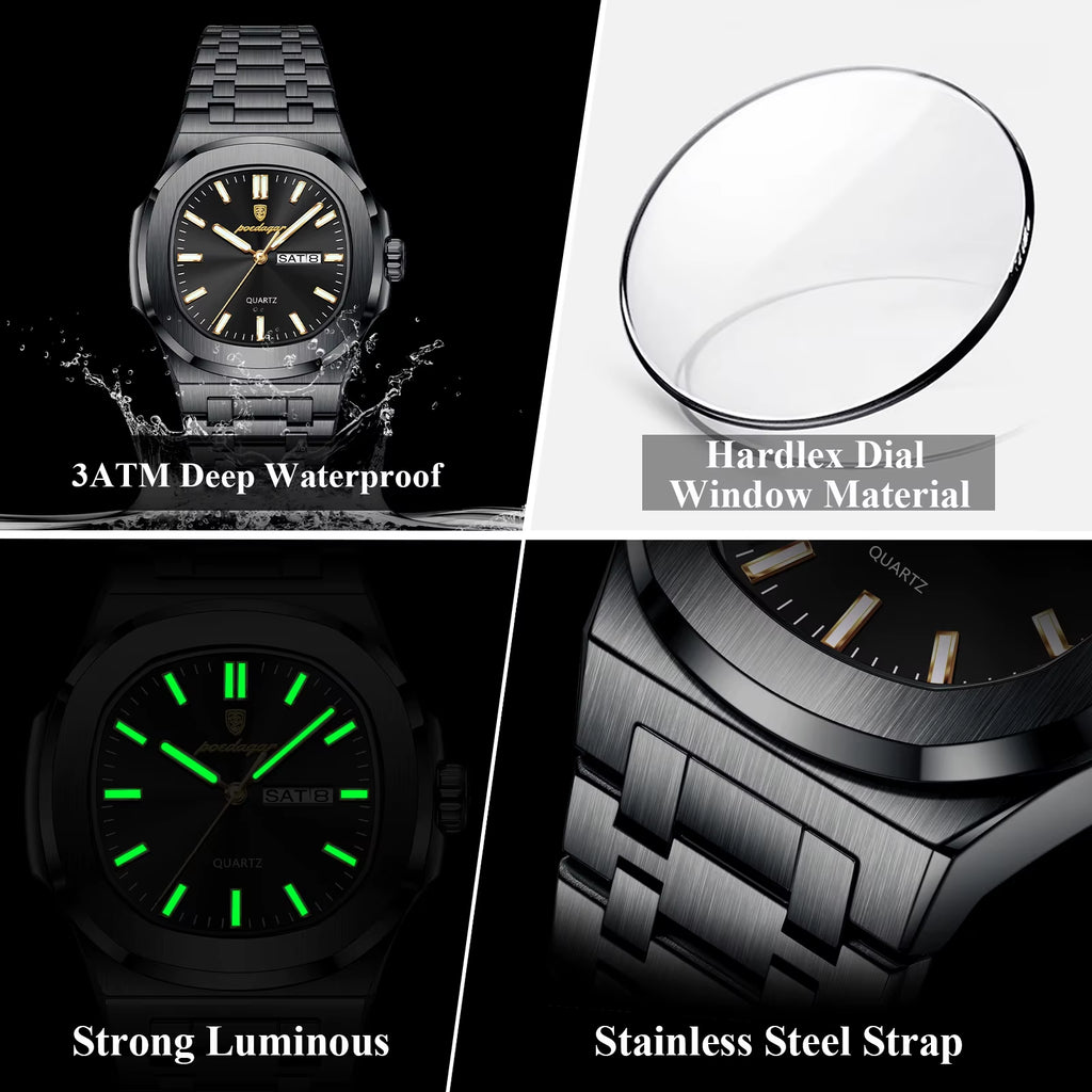 Luxury Square Men'S Watches Waterproof Luminous Date Week Men Watch Stainless Steel Fashion Quartz Man Wristwatch Reloj