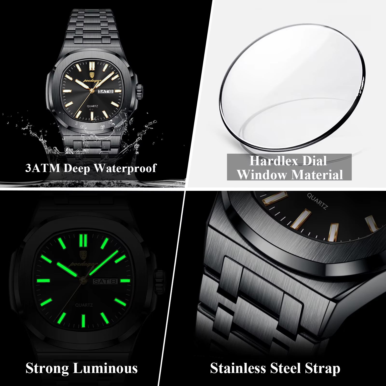 Luxury Square Men'S Watches Waterproof Luminous Date Week Men Watch Stainless Steel Fashion Quartz Man Wristwatch Reloj